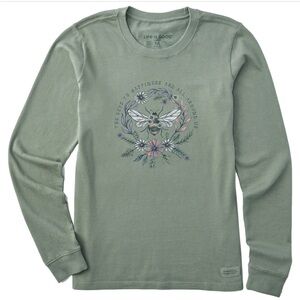 NWT Life Is Good Bee Happiness All Around Long Sleeve Crusher Tee Moss Green Med